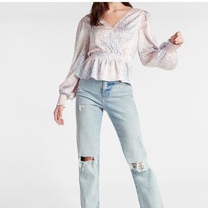 Express Satin Abstract Print Tie Back Peplum Top